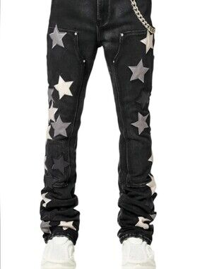 GUAPI Obsidian Black Vintage Star Denim Stacked Jeans Size 38